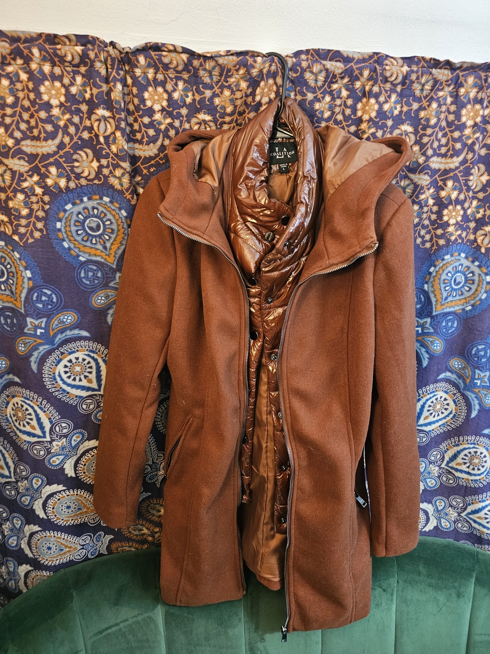 LA Coalition Rust Brown Coat With metallic-finish puffy zipper bib insert
